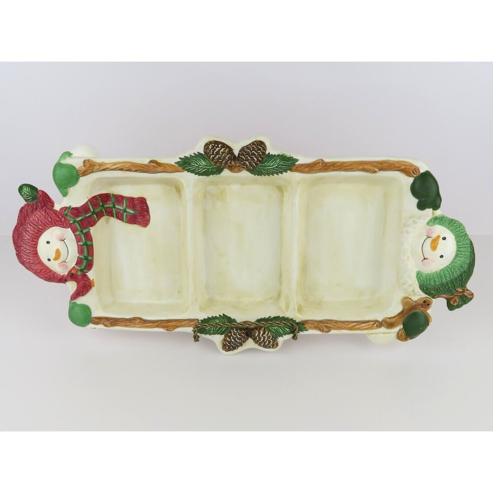 BICO Snowman Divided Serving Tray 16” Ceramic Christmas 3Section Holiday Platter